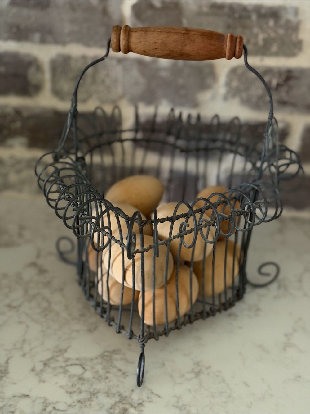 Rustic Wire Egg Basket with Wooden Handle - Gray and Brown